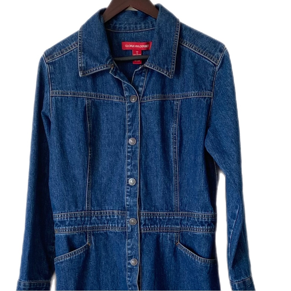 VINTAGE Denim Dress OR Coat Jacket Snap Button Pockets Sz S - Picture 3 of 5